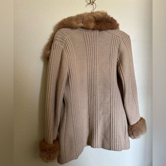 Vintage 70s Chunky Wool Knit Cardigan Sweater Fur Trimm Sz Medium Tan - Picture 6 of 7